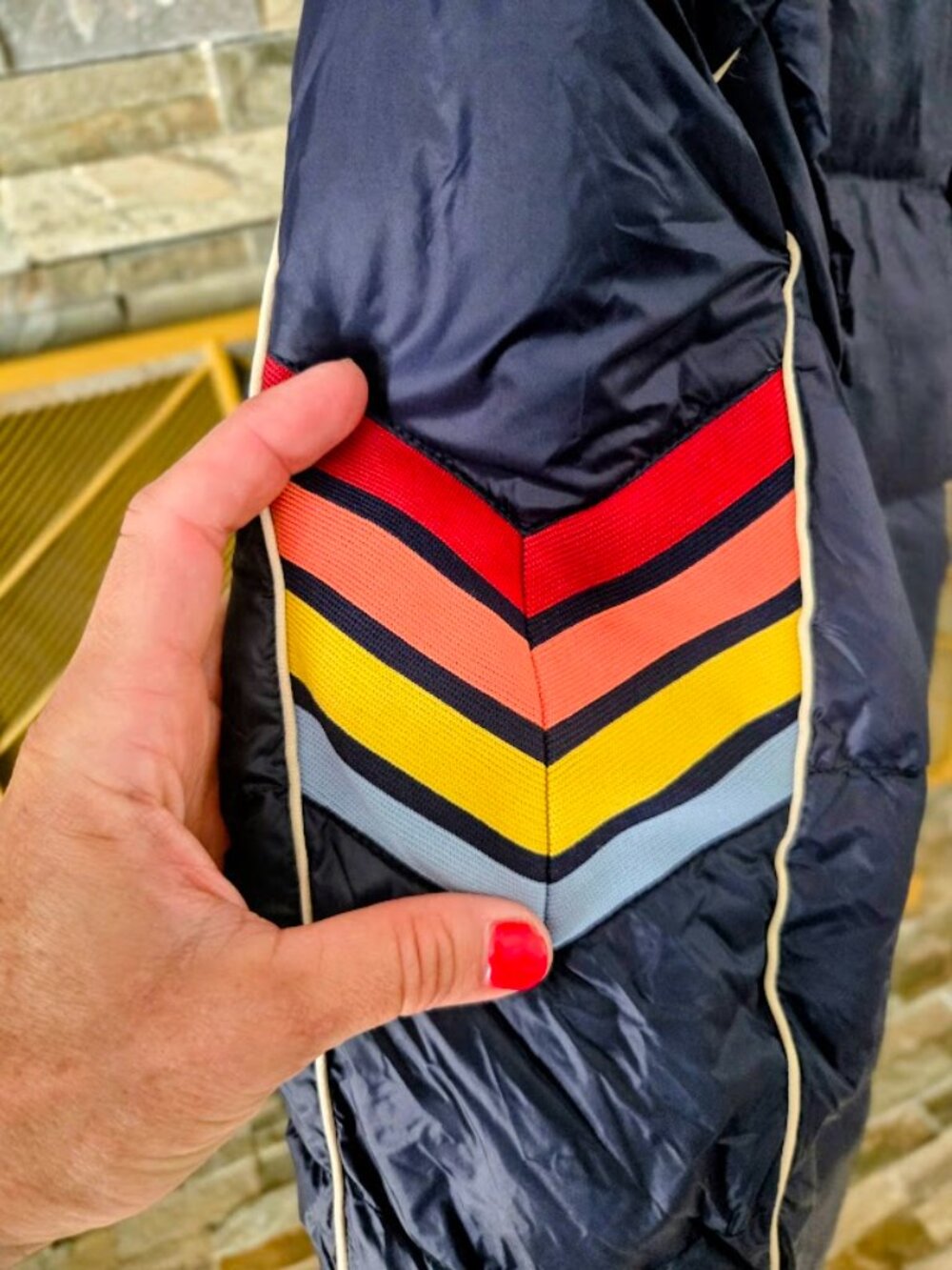 NWT Marine Layer Bode Puffer Jacket Navy Blue Large Retro Chevron Ski, SZ L - Picture 3 of 13